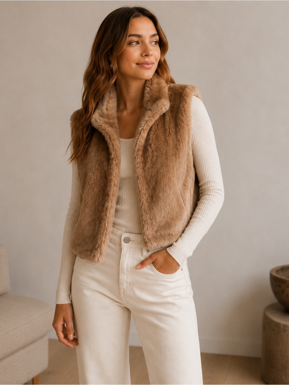 Women's Faux Fur Vest Outdoor edition by Parkhurst- Brown Size M